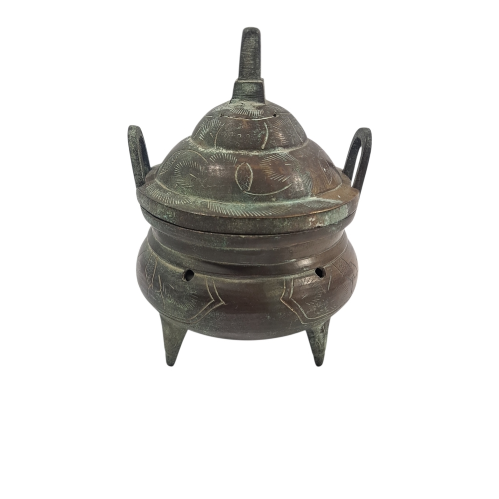 Vintage Chinese Brass Lidded Incense Burner Censar Etched Floral Motif 5"